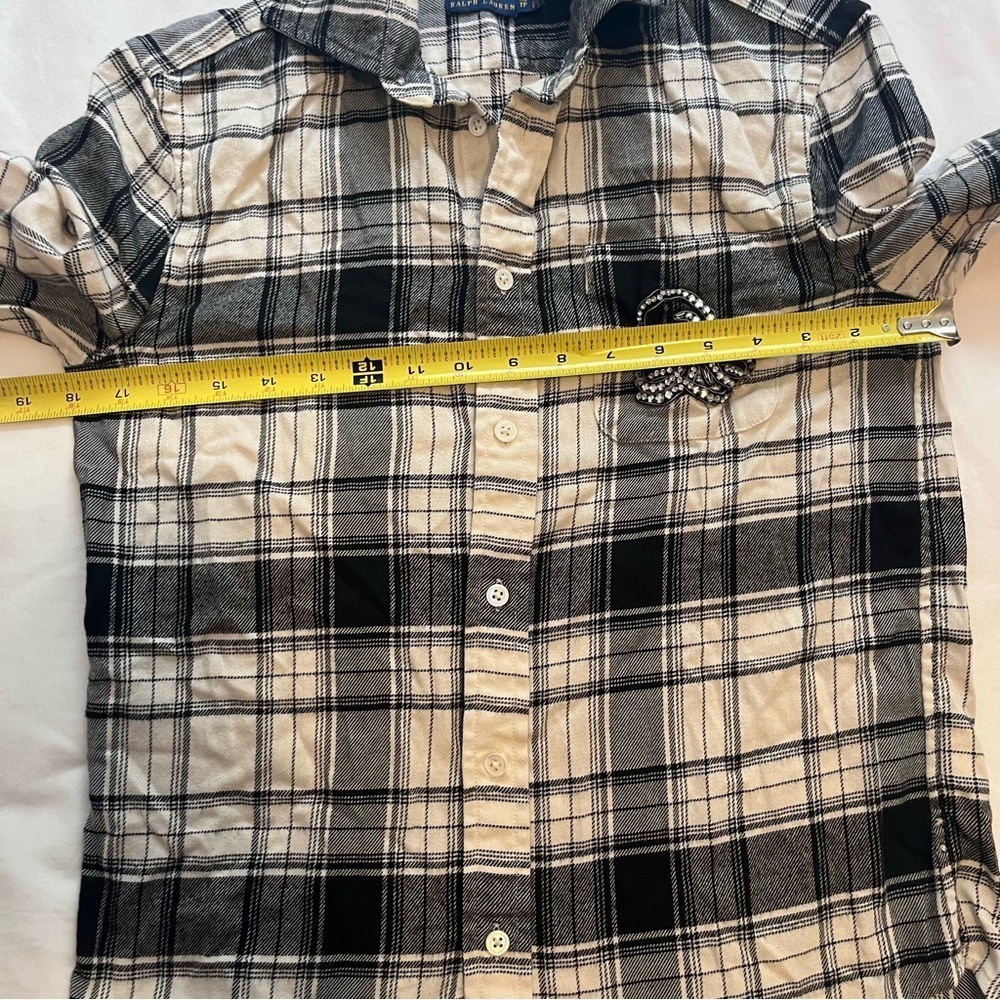 Polo Ralph Lauren Plaid Flannel Button Down Top Rhinestone Crest Black White XS - Picture 10 of 15